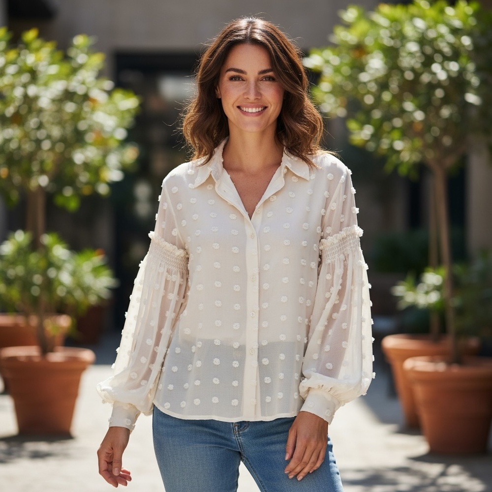 NWOT Zara Cream Blouse with White Floral Accents - Size M - Picture 11 of 11